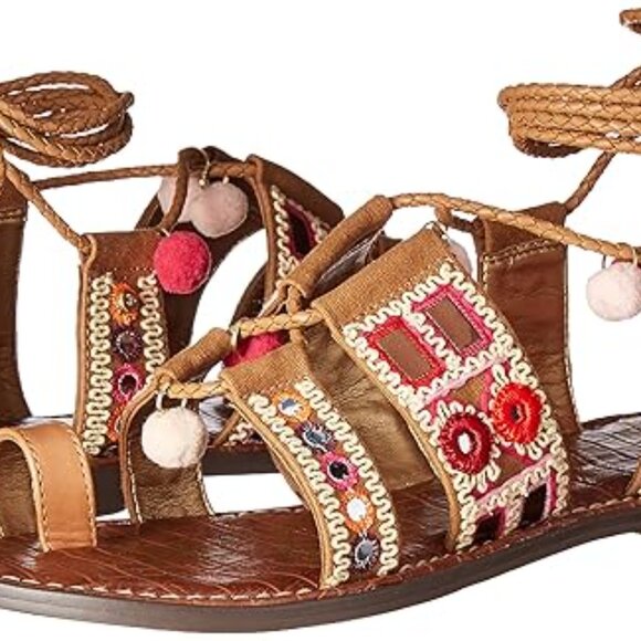 Sam Edelman Gretchen Boho Sandals 7M Embroidered Beaded Pom Pom Tassel Lace Up - Picture 11 of 16
